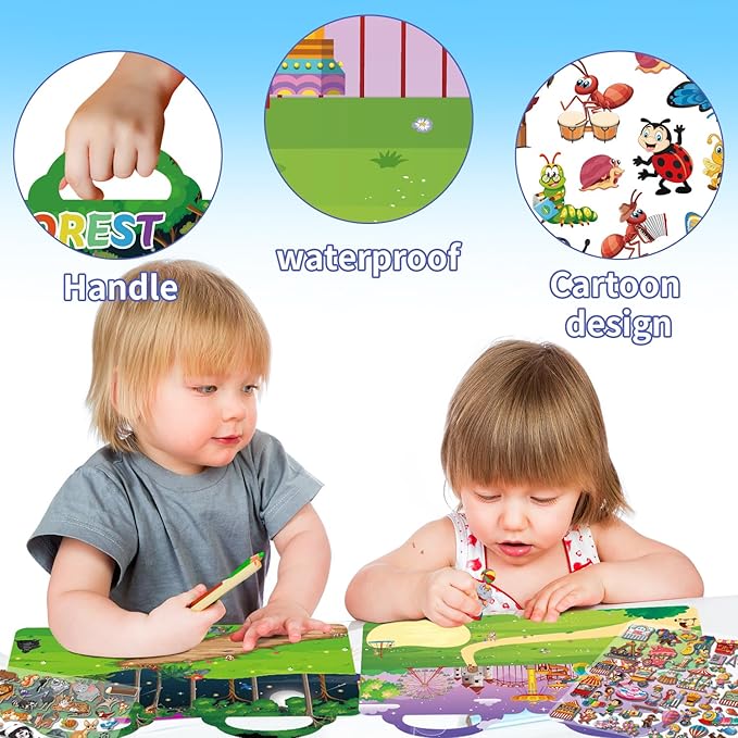 6Set Reusable Sticker Books for Kids 1-3 2-4 Years Old, 3D Puffy Stickers Books for Toddlers,Monster+Insects+Forest+Desert+Polar+Amusement Park