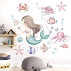 Mermaid Wall Stickers for Girls Bedroom: Peel and Stick Under The Sea Turtle Marine Ocean Fish Starfish Shell Wall Decals - Baby Nursery Girl Room Toddler Room - Kids Supplies Ages 1-12 Year