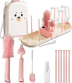 Pink Travel Baby Bottle Cleaner Kit – 6-in-1 Portable Brush Set with Drying Rack & Storage Case | Baby Travel Essentials for Flying, Newborn Bottle Cleaning & Breast Pump Parts On-The-Go