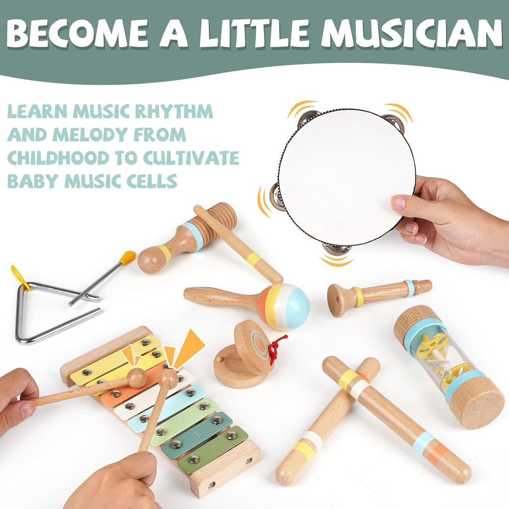 Toddler Musical Instruments Set Wooden Musical Toys for Kid Wood Percussion Instruments Set Natural Wood Musical Instruments for Kids Preschool Educational Early Learning Musical Set for Boys Girls