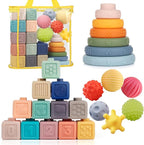 Montessori Toys Soft Stacking Building Blocks Rings Balls Sets 3 in 1 Baby Toys Bundle for Babies 6-12 Months Sensory for Toddlers 1-3 Teething Bath for Infants Learning Toy