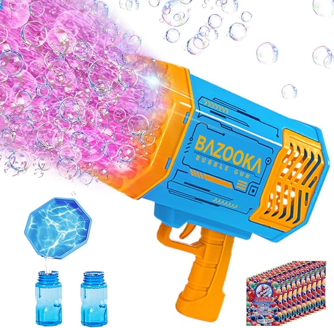 Bubble Gun Bazooka Machine with Solution - 69 Holes Blaster for Outdoor Summer Toy, Party Favors - Blue Bubble Maker Blowers for Kids