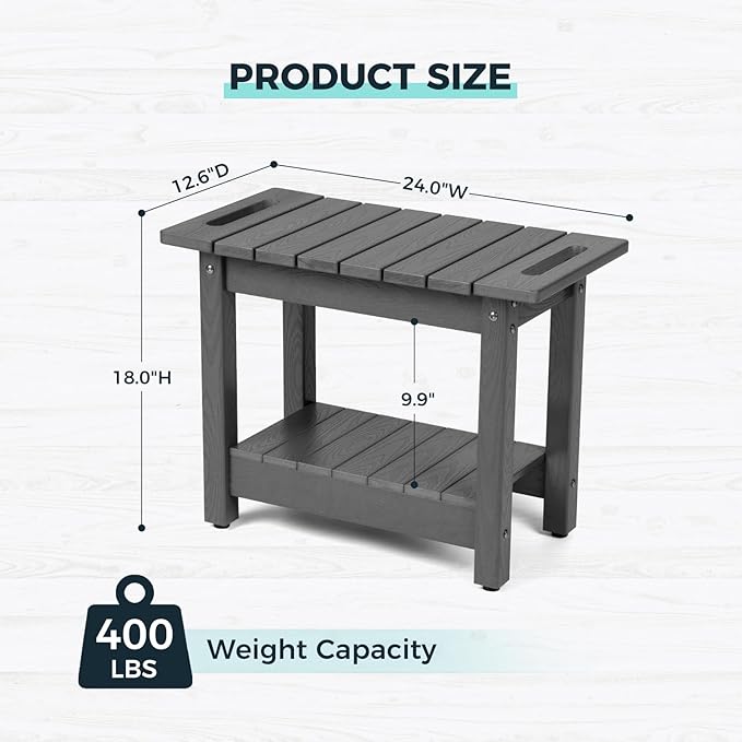 Waterproof Shower Bench, 24" Poly Lumber Shower Stool for Shaving Legs, Shower Chair Seat with Storage Shelf and Handles, Bathroom Bench for Inside Shower, Non-Slip (Grey)