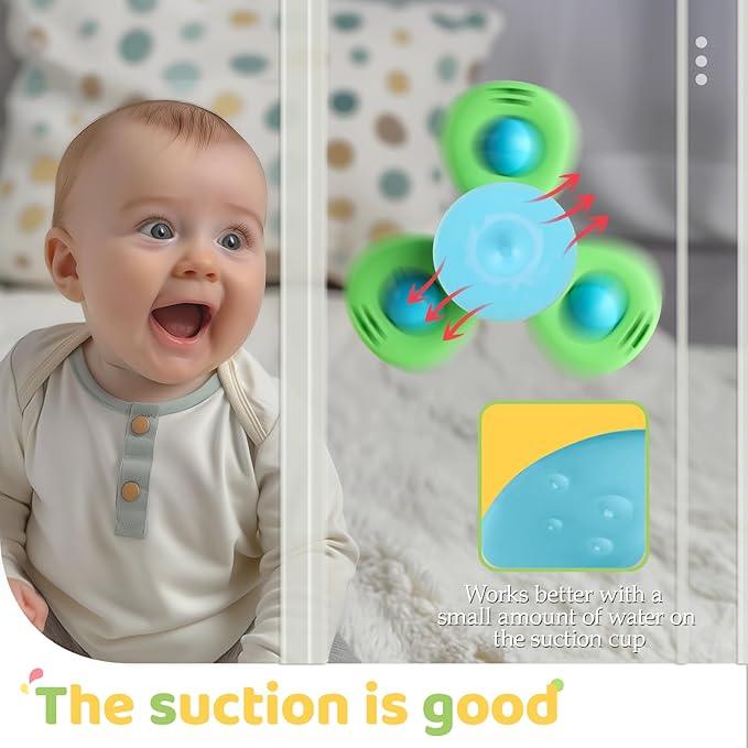 ALASOU 3PCS Suction Cup Spinner Toys for 1 Year Old Boy Girl|Spinning Top Infant Sensory Toys for Toddlers|1 2 Year Old Boy Christmas Birthday Gift|Baby Bath Toy Stocking Stuffers for Kids Ages 1-3