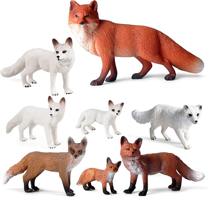 SIENON 8Pcs Fox Toy Figures Set, Miniature Arctic and Red Foxes Family Forest Woodland Animals Figurines Toys for Kids Educational Winter Diorama Chirstmas Birthday Party Gift Cake Decorations