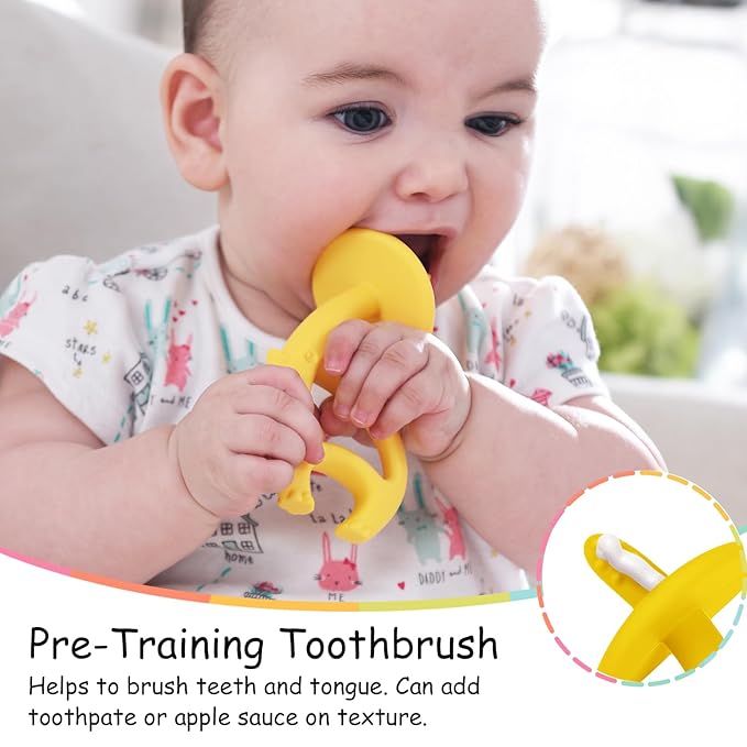 Teething Toys 3 Months+, Mombella Elephant Teethers for Babies with Strap to Clip on, Soft Silicone Teether Toys, 2 in 1 Teether & Pre-Training Toothbrush, 3 Month Old Infant Chew Toys, Yellow