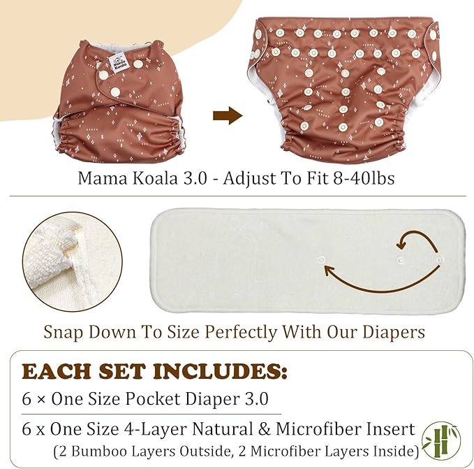 Mama Koala 3.0 Cloth Diapers for Babies, 6 Pack One Size Washable and Reusable Pocket Diapers for Newborns and Toddlers (Fruit Meeting)