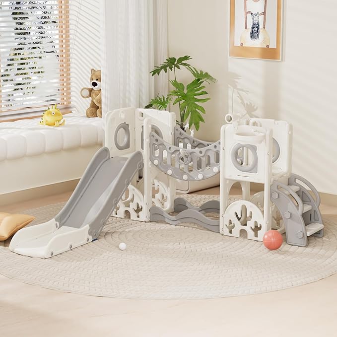 KORIMEFA 10 in 1 Toddler Slide Set, Kids Slide for Toddlers, Outdoor Indoor Playground for Toddlers 1-3, Toddler PlaySet with Basketball Hoop and Ball Golf Set, Climbing Arch(Grey)