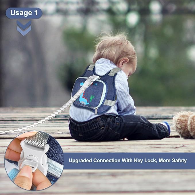 Toddler Harness Leash+ Anti Lost Wrist Link, Accmor Cute Dinosaur Kids Harness with Leash, Foldable Child Leash Baby Walking Wristband Assistant Strap Belt Hold Baby Boys Girls Close While Walking