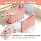 Collapsible Baby Bathtub Foldable Bathtub for Toddler Portable Large Foldable Bath Tub Bathtub for Kids Petite with Thermometer and Storage Basket (Pink)