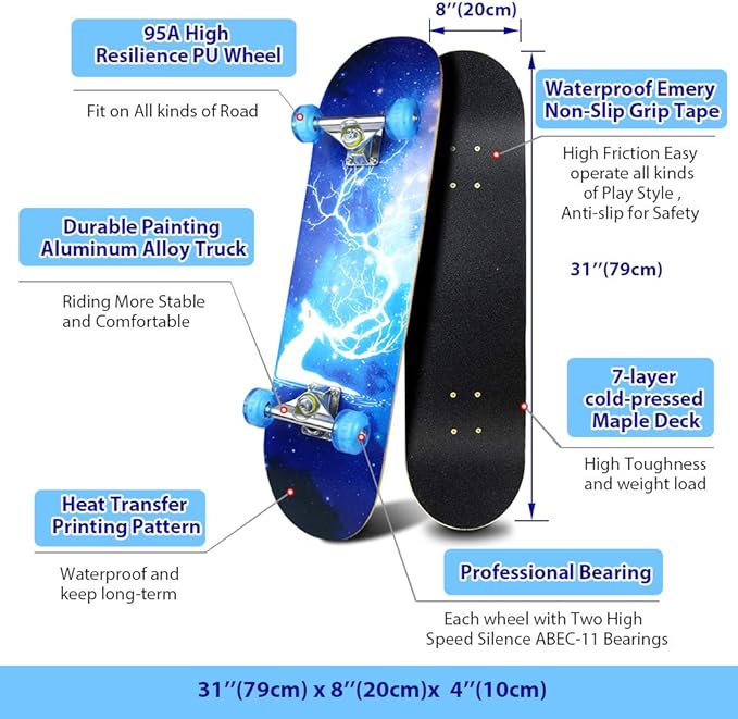 Easy_Way Complete Skateboards- Standard Skateboards for Beginners Kids Boys Girls Teenager- 31''x 8''Canadian Maple Cruiser Pro Skate Board, Skateboards