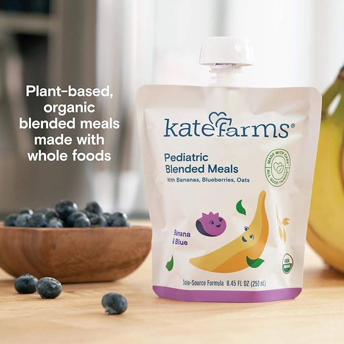 KATE FARMS Organic Pediatric Blended Meal, Bananas and Blueberries, 8g protein, organic whole foods, oral or tube feed nutrition, Gluten Free, Non-GMO, 8.45 oz (12 Pack)