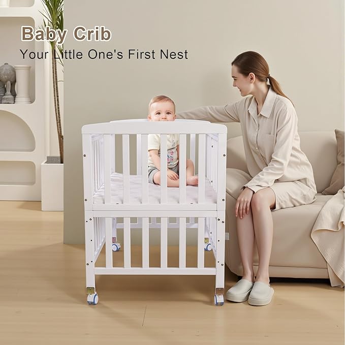 Baby Bassinets Bedside Sleeper - Portable Pine Wood Bedside Bassinet with Mattress,3 Heights Small Mini Crib,Baby Crib for Newborns,White