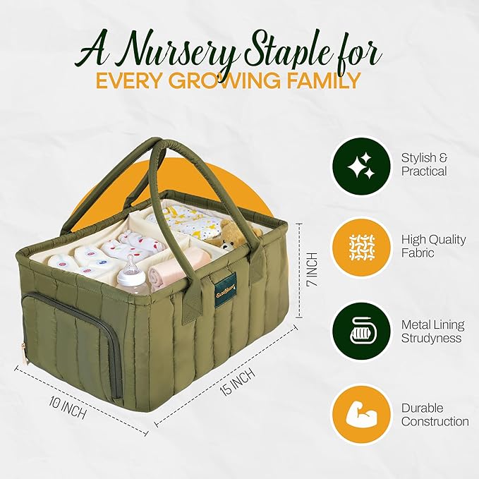 Large Diaper Caddy Organizer with Handle Neutral Boy Girl – Baby Basket for Nursery, Car, Changing Table – Portable Baby Storage with Compartments – Perfect for New Parents and Baby Shower Gifts