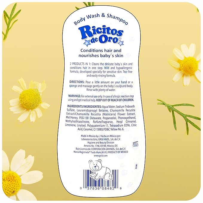 Ricitos de Oro 2-in-1 Baby Shampoo and Body Wash with Chamomile & Honey, Gentle Tear-Free Formula for Newborns & Toddlers, Sensitive Skin Care with Mild Scent, No Harsh Ingredients, 13.5 fl oz, 2-Pack