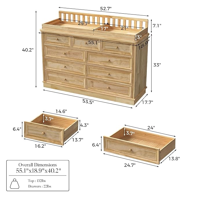 Homsee Baby Changing Table Dresser, 100% Solid Wood Infant Diaper Changing Station Combo, 9-Drawer Baby Nursery Dresser with Removable Tray for Children's Room Bedroom, Nature Color