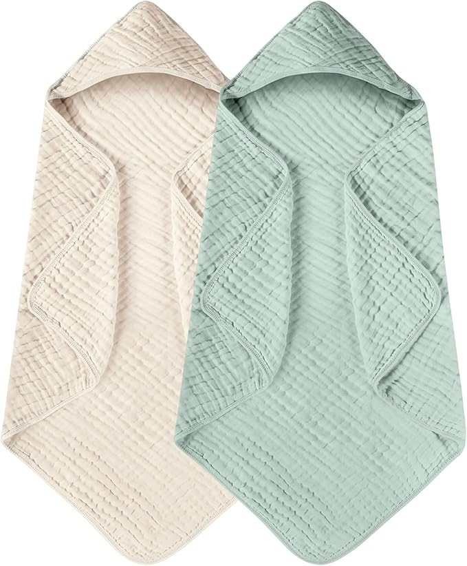 Yoofoss Hooded Baby Towels for Newborn 2 Pack 100% Muslin Organic Cotton Baby Bath Towel with Hood for Babies, Infant, Toddler and Kids, 32x32Inch, Soft and Absorbent Newborn Essential,Apricot&Green