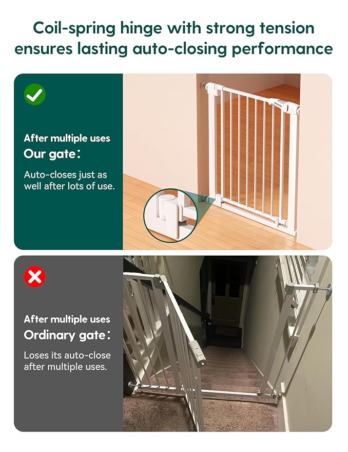 Babelio 29-43" Magnetic Baby Gate for Stairs,Doorways House,Kitchen,30" Tall Pet Barrier with Baffles,Pressure Mounted & Dual-Lock Design Safety for Kids Toddler,Auto-Close/Hold-Open,White