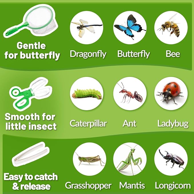 2 Set Bug Catcher for Kids- Educational Bug Catching Kit Including Butterfly Net, Insect Clip, Tweezer, Outdoor Toys for Kids Ages 3-10 (Green)