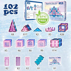 Little Pi 102pcs Frozen Princess Castle Magnetic Tiles Building Blocks - 3D Diamond Blocks, STEM Educational Toddler Toys for Pretend Play, 4 Year Old Girl Birthday Gifts Kids Ages 3 5 6 7 8 - Blue