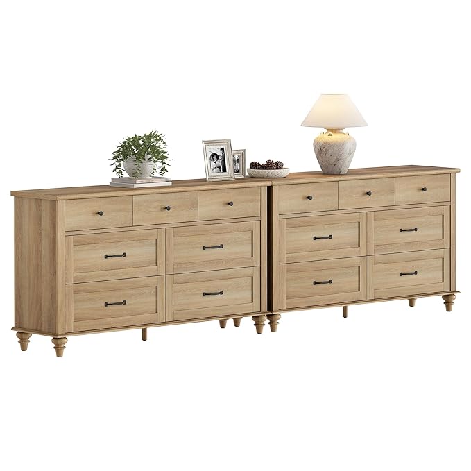 WAMPAT 2 Pack Kids Dresser with 14 Drawers for Bedroom, 2-in-1 Wide Baby Dresser for Nursery & Kids Room, Farmhouse Chests & Dressers, Wooden Closet Organizer for Children’s Bedroom, Oak