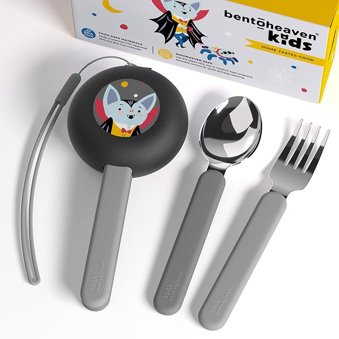 Bentoheaven Kids Travel Utensils with Case, Food-Grade Stainless Steel & BPA-Free Plastic, Travel Kid Cutlery Set, Dishwasher Safe Fork, Spoon & Case, Reusable Flatware, Silverware for Kids (Vampire)