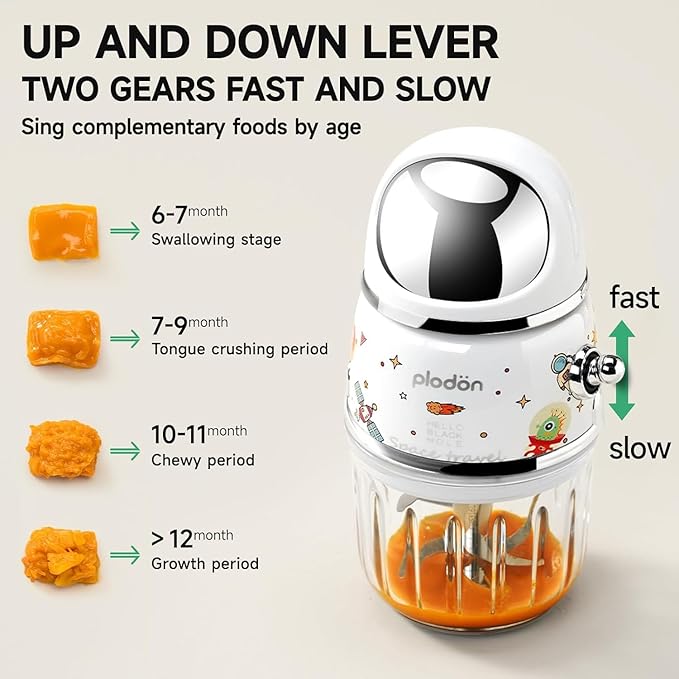 Baby Food Maker Mini Cute and Small Food Processor Puree Blender Grinder Chopper 1.2 Cup Glass Bowl with 6 Blade Electric (Spaceman-White(One Bowl))