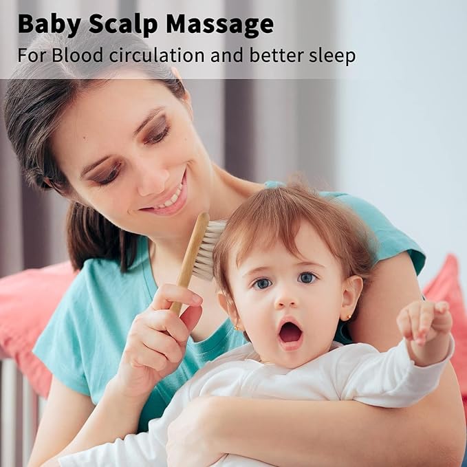 Goat Baby Hair Brush Set, 2pcs Wooden Soft Bristles Brush with Comb and Green Silicone Bath Brush for Newborns Toddlers Safe Natural Hair Care Kit