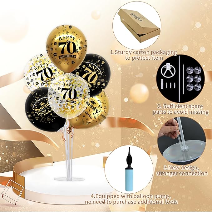 TONIFUL 4 Set Black Gold Balloon Stand Kit for Birthday Decorations for 70th,Balloon Centerpieces for Table Party Decorations Cheers to 70 Years Old Birthday for Men and Women