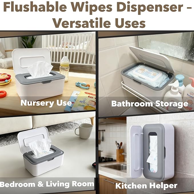 Flushable Wipes Dispenser, Wipes Case Baby Wipe Holder Durable PP Material for Nursery & Home, Keeps Wipes Fresh, Non-Slip, Easy Open & Close