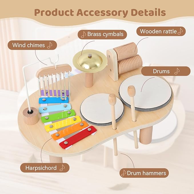 Promise Babe Wooden Musical Instruments for Toddlers 1-3, Percussion Instruments for Kids Baby Drum Set Xylophone, Montessori Educational Musical Toys, Gifts for Girls Boys Ages 3+