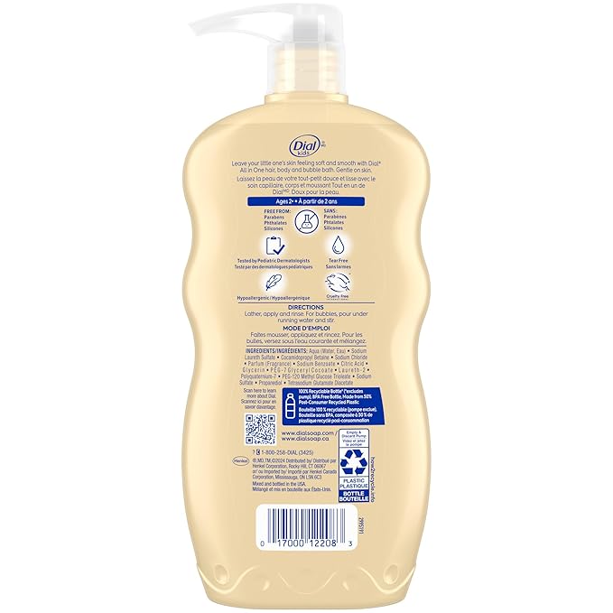 Dial Kids 3-in-1 Body + Hair + Bubble Bath, Peach, 24 fl oz (Pack of 4)