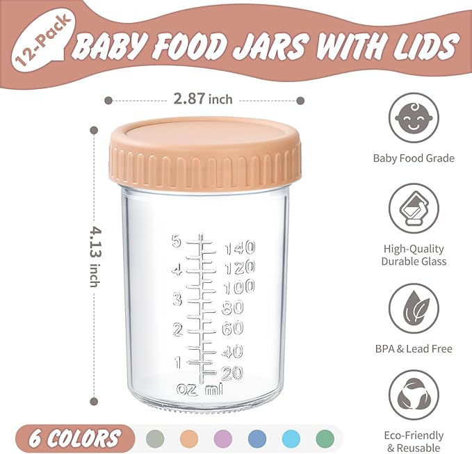 DRKIO 12 Pack Glass Baby Food Storage Containers - 8 Oz Baby Food Jars with Lids Baby Food Maker Microwave Dishwasher Freezer Safe 100% Leak Proof BPA Free Reusable