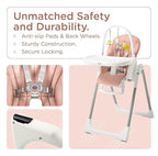 KÜB 3-in-1 Foldable Baby High Chair, 7 Height & 4 Recline Adjustable Seat & Tray for Easy Clean, 2 Locking Wheels, Multifunctional Infant High Chairs for Babies and Toddlers (Pink, with Toys)