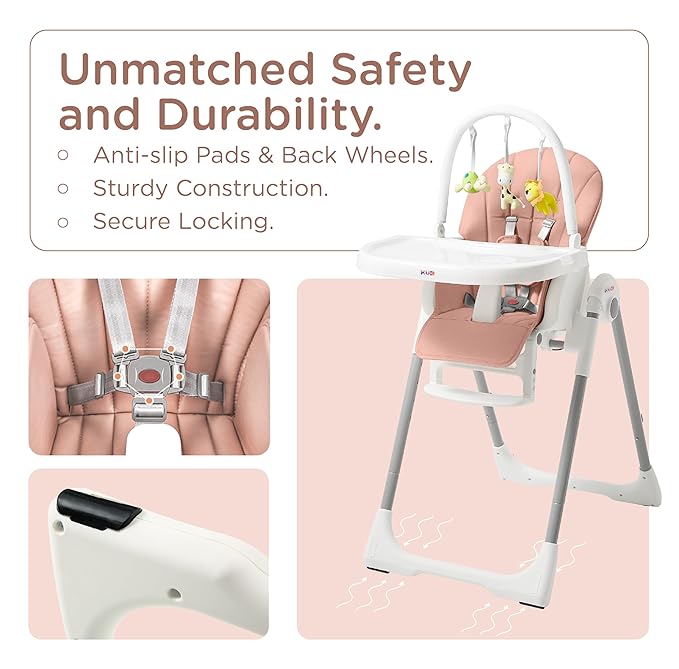 KÜB 3-in-1 Foldable Baby High Chair, 7 Height & 4 Recline Adjustable Seat & Tray for Easy Clean, 2 Locking Wheels, Multifunctional Infant High Chairs for Babies and Toddlers (Pink, with Toys)