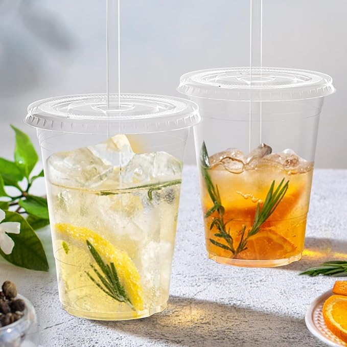 100 Pack - 16 oz Clear Plastic Cups with Lids and Straws, Sturdy & Food Safe Iced Coffee Cups with lids, Disposable Plastic Smoothie Cups for Cold Drinks