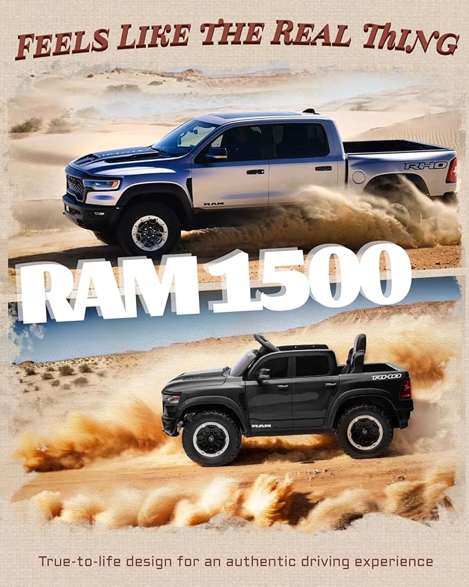 12V Licensed Ram 1500 Ride on Toy for Kids, Toddler Ride on Pickup Truck with Parent Remote Control, Electric Car for Kids with Truck Bed Storage, 3 Point Safety Belt (Black)