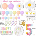 5th Birthday Decorations Girl, Slmeno Daisy Pastel Balloon Arch Kit 219Pcs, 5 Year Old Girl Pastel Rainbow Party Decorations, with Happy Birthday Banner, Cake Toppers, Gold Butterfly Decoration