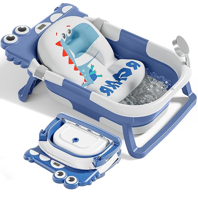 TPN Collapsible Baby Bathtub, Baby Bath Tub with Soft Cushion & Real-Time Thermometer, Baby Bathtub Infant to Toddler Tub (0-36 Months), Portable Travel Baby Tubs for Newborns (Blue)