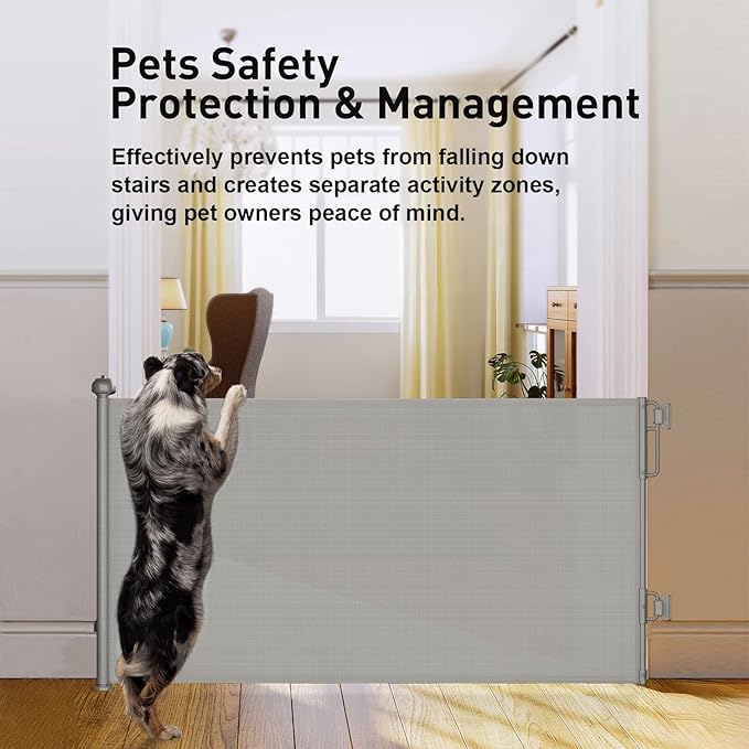 Cumbor 76" Wide Long Retractable Safety Gates for Stairs, Mesh Dog Gate for The House, 34" Tall Extra Wide Pet Gate for Dogs, Long Gates for Doorways, Hallways, Indoor/Outdoor(Gray)