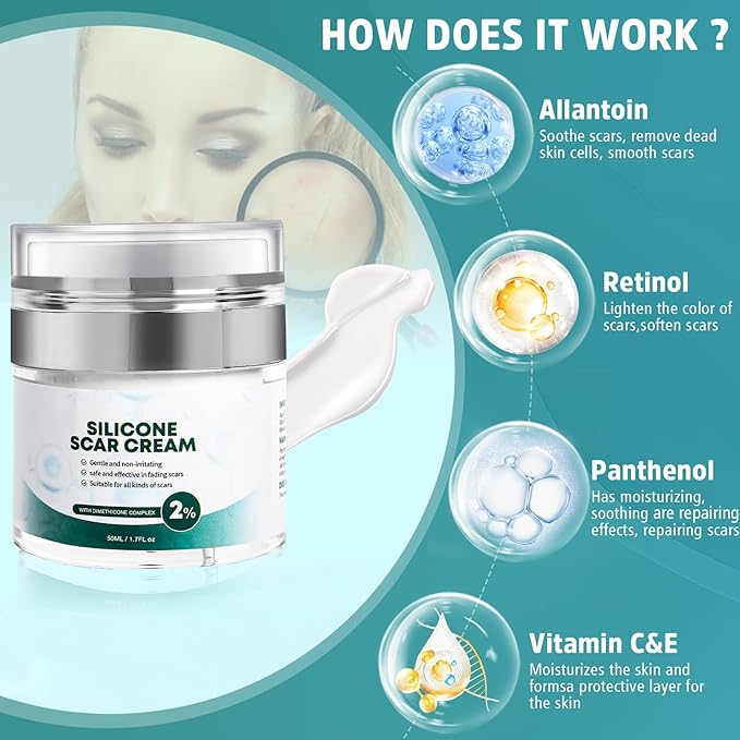 Advanced Scar Cream, Silicone Gel for Scars, Professional Scar Removal Cream for Surgical Scars, Stretch Marks, Old and New Scars 1.7 oz(50ml)