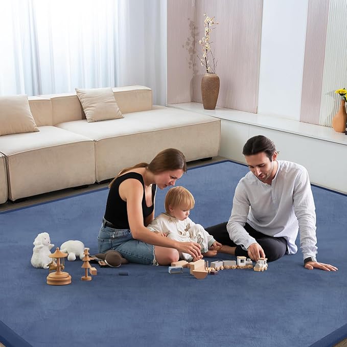 Baby Play Mat for Floor Tummy Time Nursery Muscle Mat Area Rug Playroom Tatami 79"x138" Memory Foam 1.3" Thick Crawling for Babies,Toddlers, Infants, Kids,Floor(Blue)