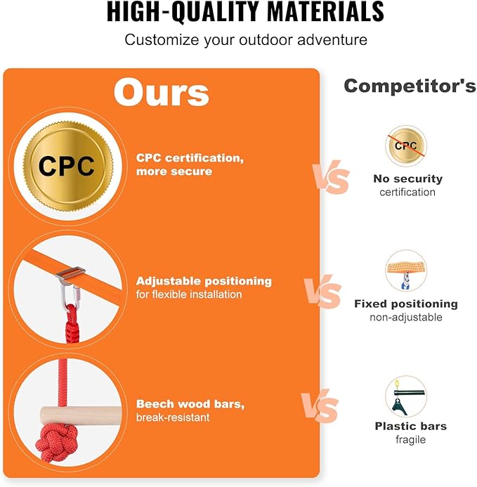 VEVOR Ninja Warrior Obstacle Course for Kids, 1 x 50 ft Weatherproof Slacklines, 500lbs Weight Capacity Monkey Line, Outdoor Playset Equipment, Backyard Toys Training Equipment Set with 10 Obstacles