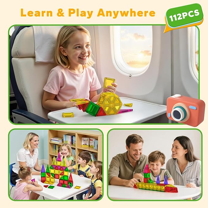 112PCS Mini Magnetic Tiles for Kids, Magnetic Tiles Travel Set with Iron Box, Portable Construction Toys STEM Educational Building Set for Kids Ages 4-8 Toddlers, Boys & Girls Birthday New Year Gift