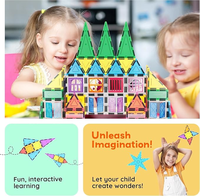 PicassoTiles Magnetic Tiles 61 Piece Magnet Tile Building Blocks Construction Sensory Toy Set with Carry Bag Storage Bin Container STEM Toddler Learning Educational Pretend Play Boy Girl Ages 3+ PT07