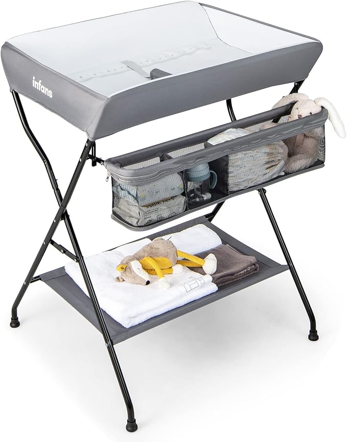 INFANS Baby Changing Table, Folding Diaper Station Portable Nursery Organizer with Safety Belt and Large Storage Racks for Newborn Baby and Infant (Grey)