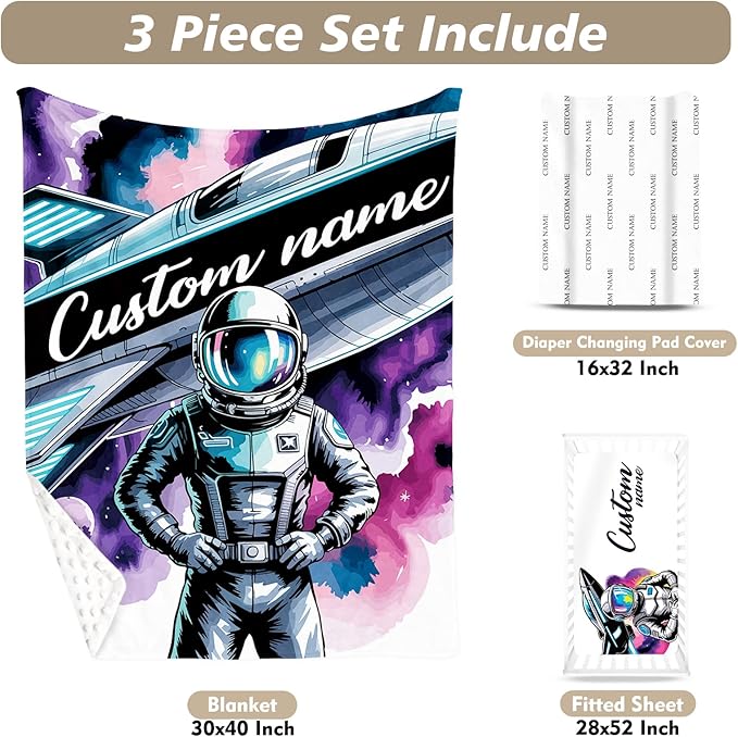 Personalized Baby Crib Bedding Set – Cool Astronaut Theme Nursery Bedding Sets 3 Piece with Custom Name Blanket, Fitted Crib Sheet & Changing Pad Cover – Ideal Newborn Gift for Boys