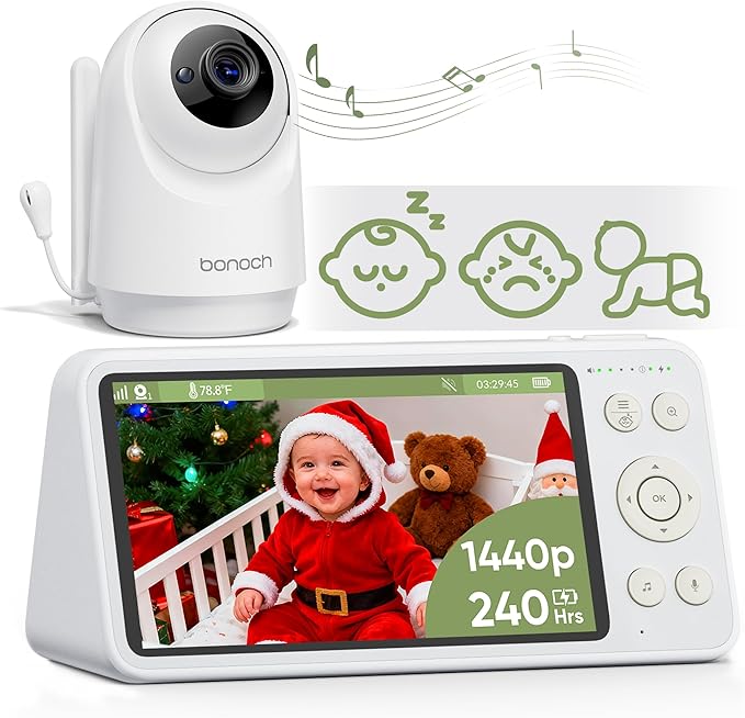 bonoch 1440p Baby Monitor with Camera and Audio, Smart No WiFi Baby Camera, 5.5" Video Monitor, AI Crying/Motion/Turn Over Detect, 240h Lasting, Hack Proof, Auto Night Vision, VOX Mode, White Noise