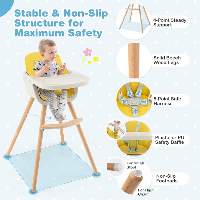 HONEY JOY High Chair, 3-in-1 Eat & Grow Wooden Highchair/Booster Seat/Toddler Chair with Removable Tray, 5-Point Harness, PU Cushion and Footrest for Baby, High Chair for Babies and Toddlers Yellow