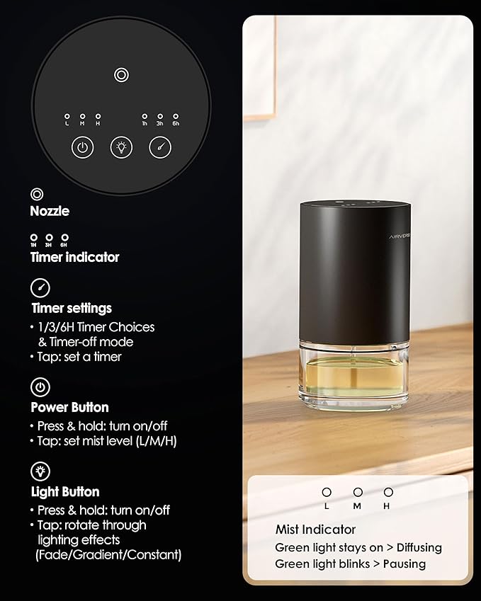 Essential Oil Diffuser Waterless Aromatherapy Diffusers for Home Large Room, Bedroom, Car, Office, Desk, Battery Operated, Small Diffuser for Pure Scent, 100mL Capacity, AN9 (Black)